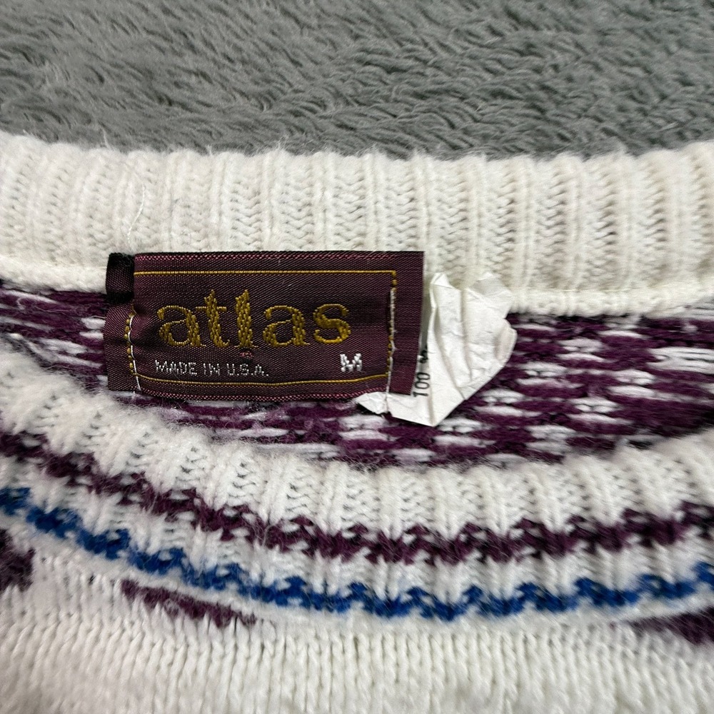 Atlas USA Mens M Vintage Knit Sweater Cream Fair Isle Patterned Crew Neck - Picture 2 of 8